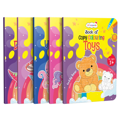 Lil Legends Books Of Copy Colouring Set of 5 Books for Kids | Dinosaurs, Unicorns, Toys, Fairies and Underwater World | Fun Activities and Vocabulary Booster | For LKG/UKG | Age 3+