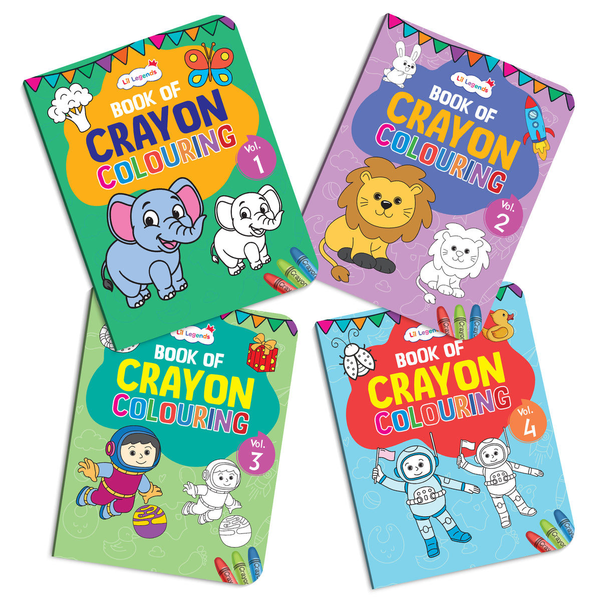 Lil Legends Books Of Crayon Colouring Vol 1-4 Set of 4 | Boosts Focus, Colour Recognition and Creativity | Fun Activity Books With Bold Outlines | For Nursery/LKG/UKG | Age 3+