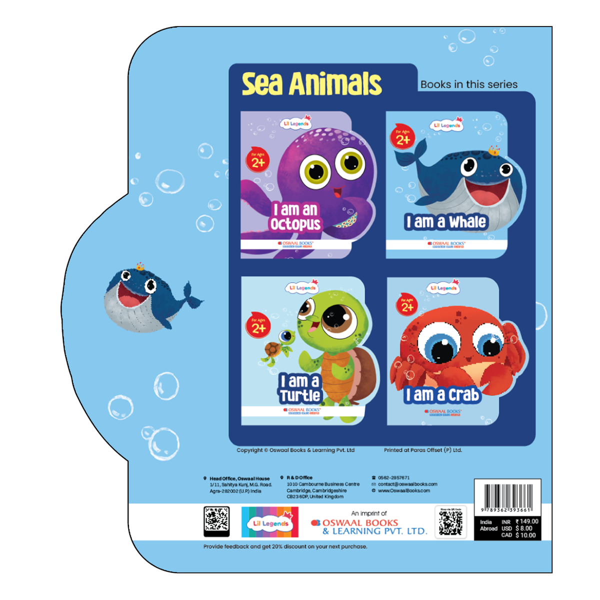 Lil Legends Shaped Board Book - Sea Animals: Whale | Whale-Shaped Picture Book for Kids Age 2+ Years | Early Learning Book with Colourful Illustrations for Toddlers & Preschoolers