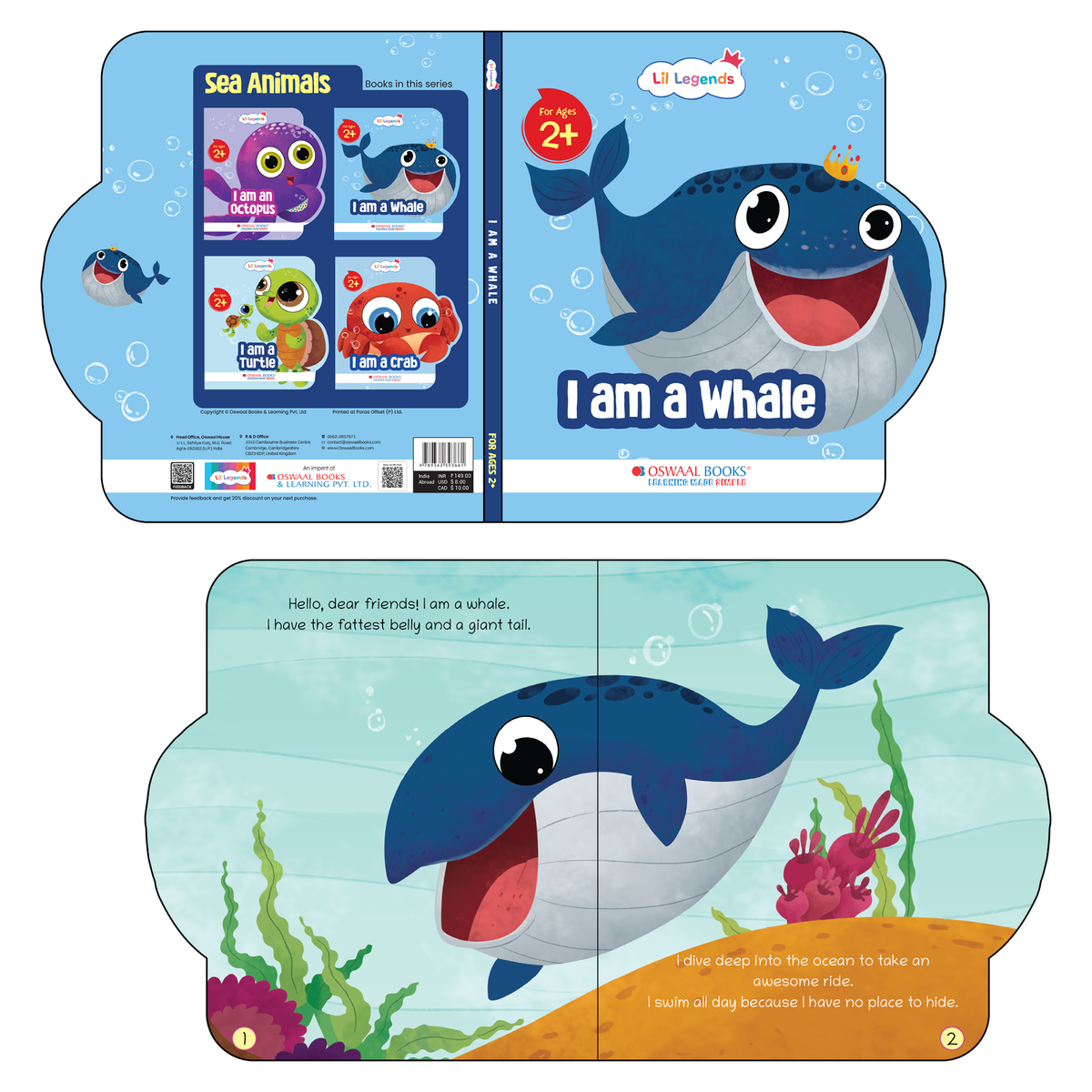 Lil Legends Shaped Board Book - Sea Animals: Whale | Whale-Shaped Picture Book for Kids Age 2+ Years | Early Learning Book with Colourful Illustrations for Toddlers & Preschoolers