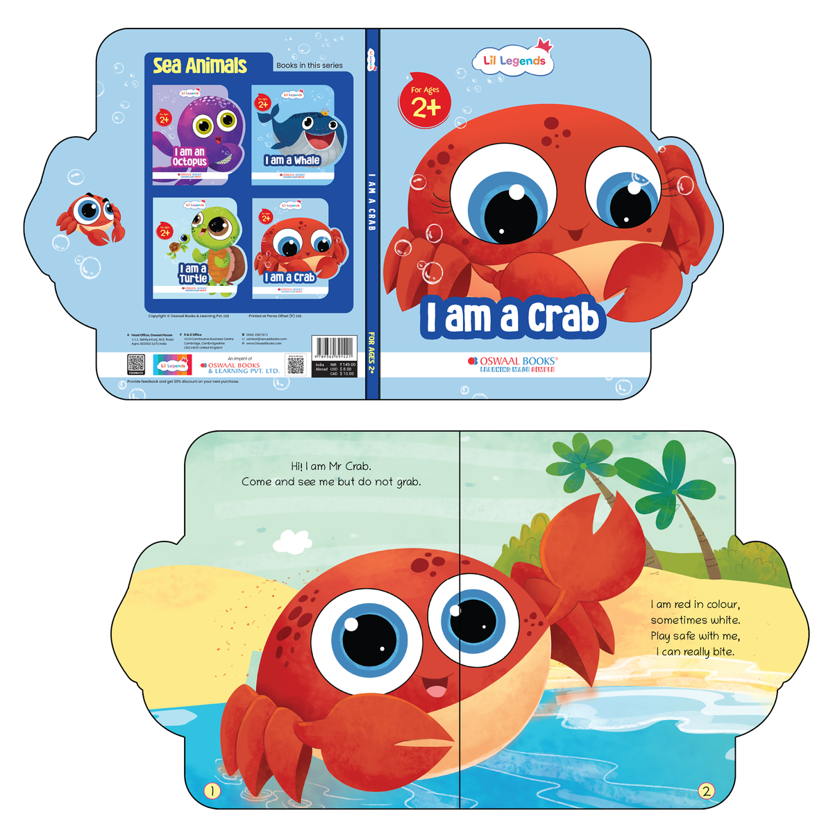 Lil Legends Shaped Board Book - Sea Animals: Crab | Crab-Shaped Picture Book for Kids Age 2+ Years | Early Learning Book with Colourful Illustrations for Toddlers & Preschoolers