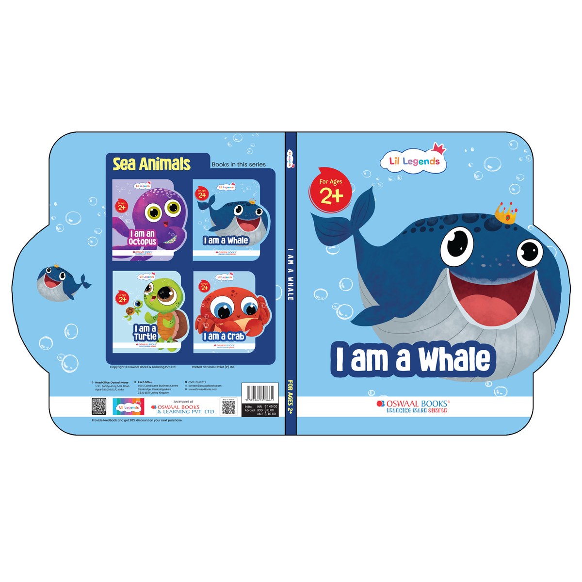 Lil Legends Shaped Board Book - Sea Animals: Whale | Whale-Shaped Picture Book for Kids Age 2+ Years | Early Learning Book with Colourful Illustrations for Toddlers & Preschoolers