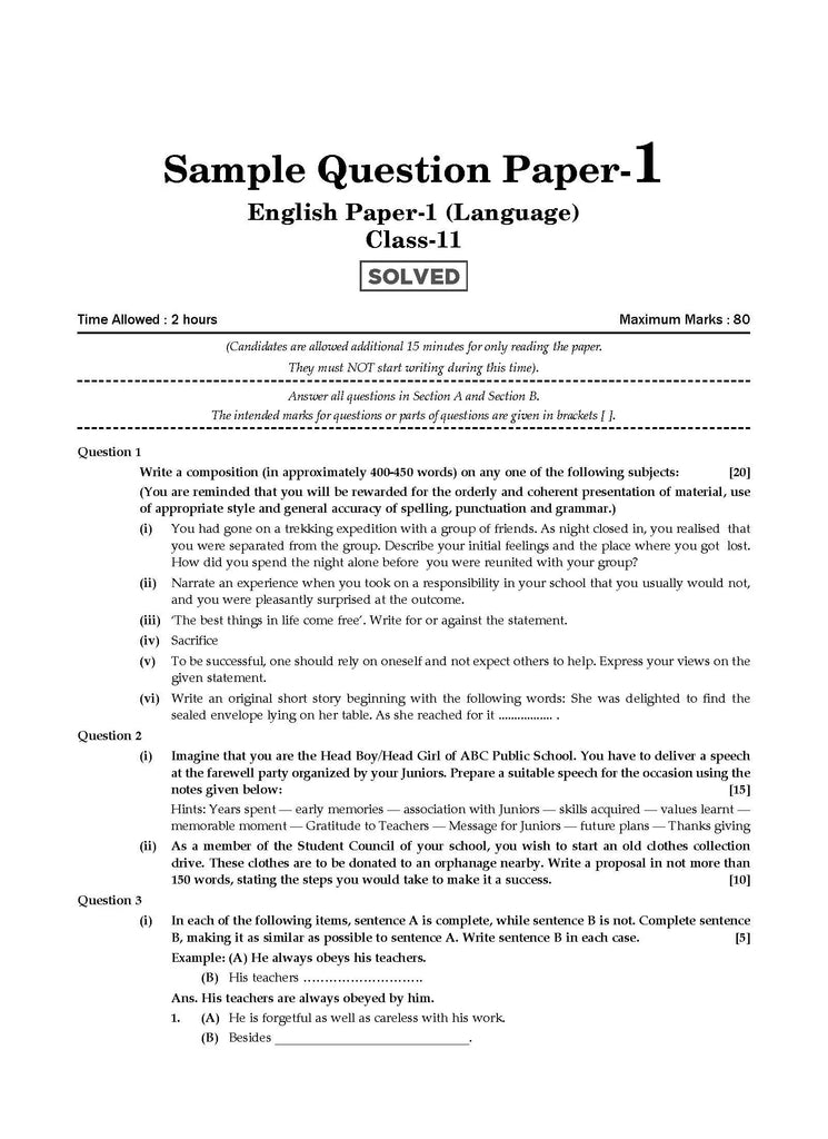 ISC 10 Sample Question Papers Class 11 English-1 For Board Exams 2024 (Based On The Latest CISCE/ISC Specimen Paper)