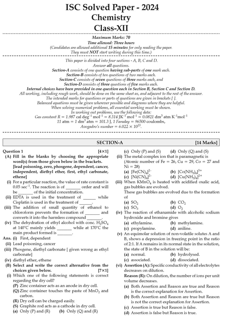 ISC 10 Previous Years' Solved Papers Class-12 PCM | Year-Wise 2014-2024 Physics, Chemistry, Mathematics, English 1, Hindi, Computer science For 2025 Board Exam Oswaal Books and Learning Private Limited