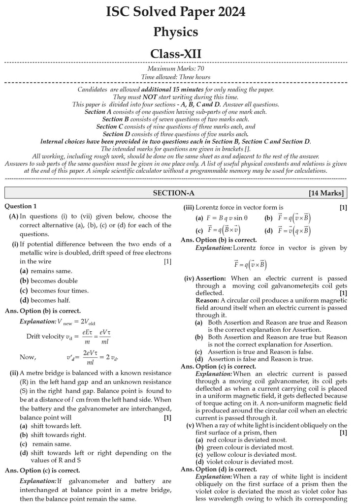 ISC 10 Previous Years' Solved Papers Class-12 PCM | Year-Wise 2014-2024 Physics, Chemistry, Mathematics, English 1, Hindi, Computer science For 2025 Board Exam Oswaal Books and Learning Private Limited