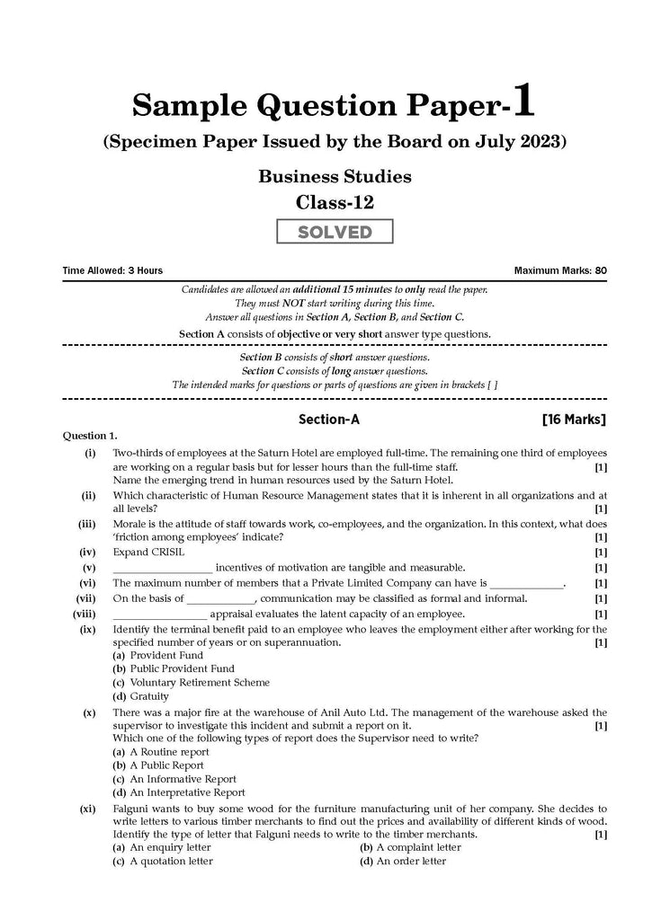 ISC 10 Sample Question Papers Class 12 Business Studies For Board Exams 2024 (Based On The Latest CISCE/ISC Specimen Paper)