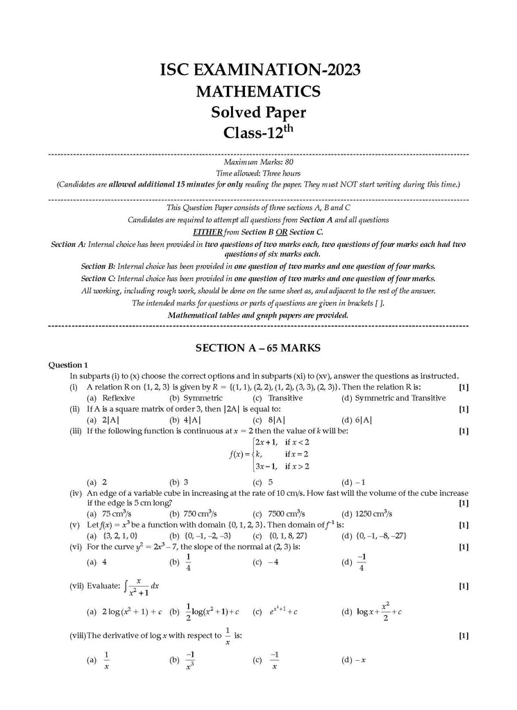 ISC 10 Sample Question Papers Class 12 Mathematics For Board Exams 2024 (Based On The Latest CISCE/ ISC Specimen Paper)