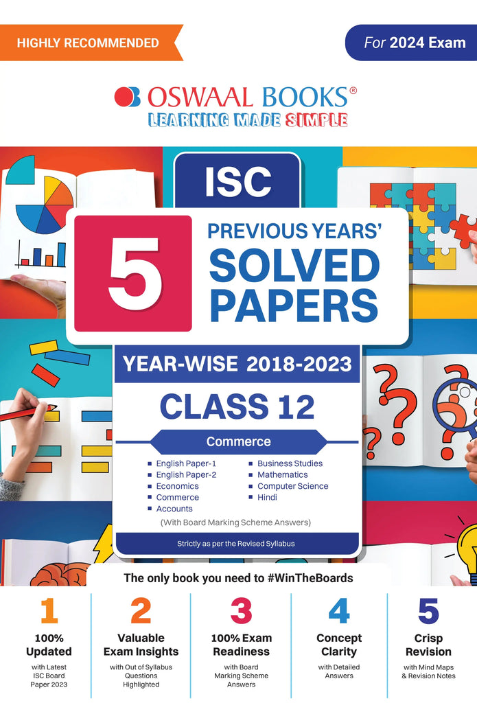 ISC 5 Previous Years' Solved Papers Yearwise Class 12 | Commerce: Accounts, Economics, Business studies, Commerce, English 1, English 2, Maths, Hindi, Computer science | For 2024 Board Exam