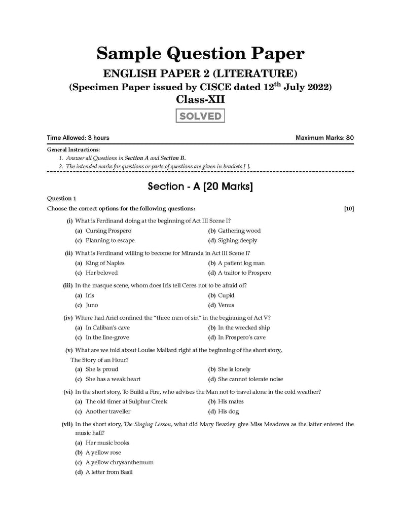 ISC Question Bank Class 12 English Paper-2 Literature Book (2024 Exam) 