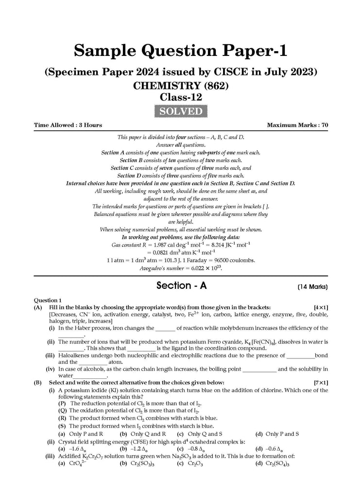 ISC 10 Sample Question Papers Class 12 Chemistry For Board Exams 2024 (Based On The Latest CISCE/ ISC Specimen Paper) Oswaal Books and Learning Private Limited