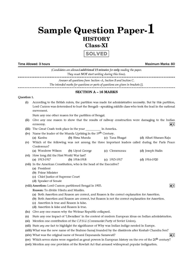 ISC 10 Sample Question Papers Class 11 History For 2024 Exams (Based On The Latest CISCE/ ISC Specimen Paper) Oswaal Books and Learning Private Limited