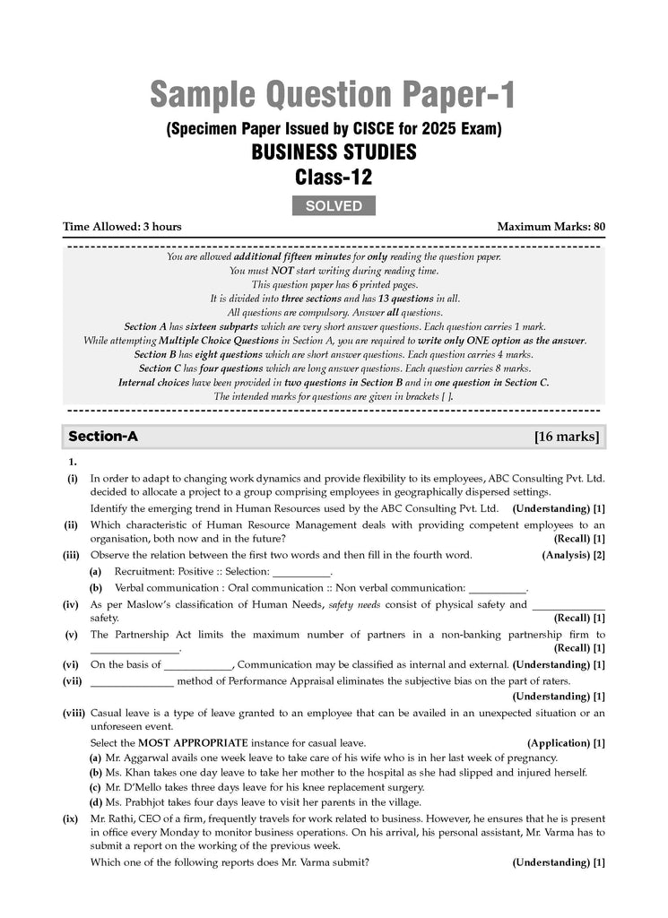 ISC | 10 Sample Question Papers | Class 12 | Business Studies (For 2025 Exam) Oswaal Books and Learning Private Limited