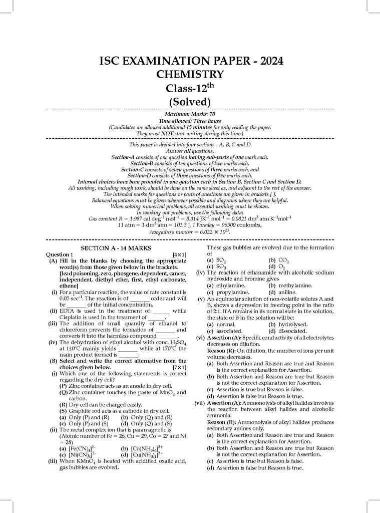 ISC | 10 Sample Question Papers | Class 12 | Chemistry (For 2025 Exam) Oswaal Books and Learning Private Limited