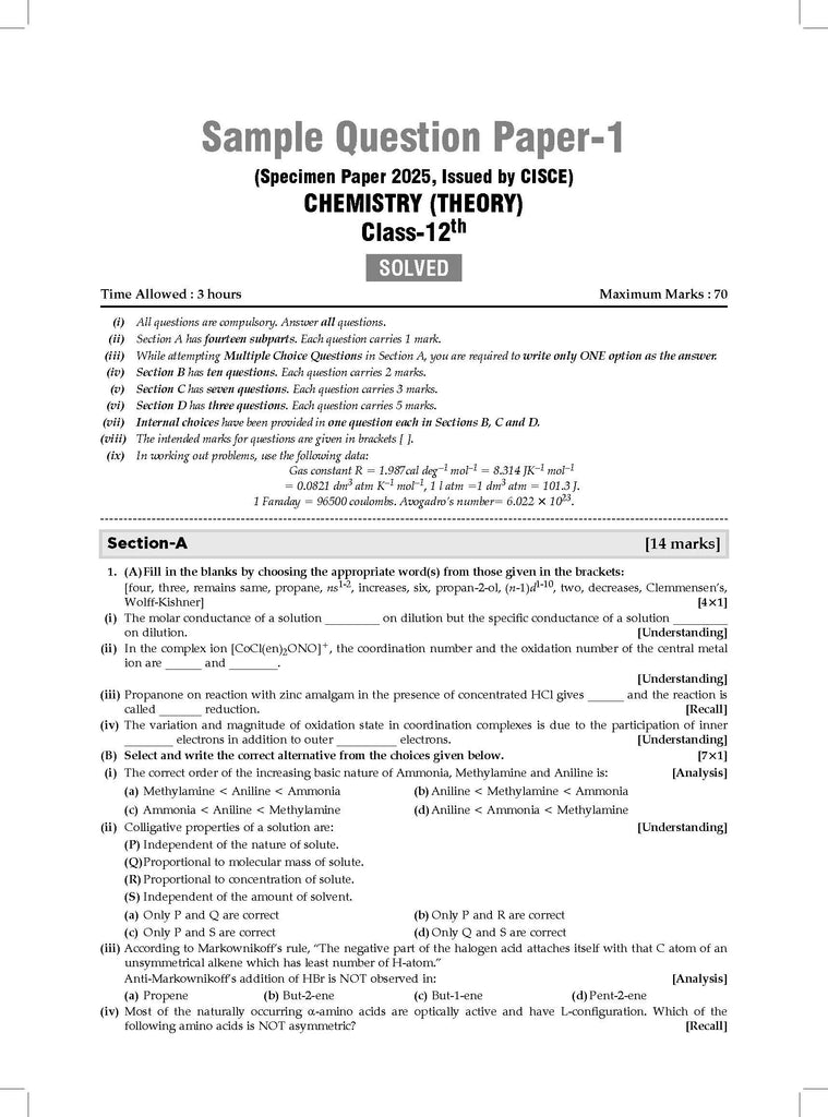 ISC | 10 Sample Question Papers | Class 12 | Chemistry (For 2025 Exam) Oswaal Books and Learning Private Limited