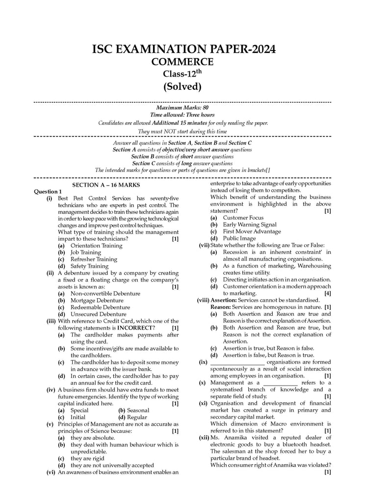 ISC | 10 Sample Question Papers | Class 12 | Commerce (For 2025 Exam) Oswaal Books and Learning Private Limited