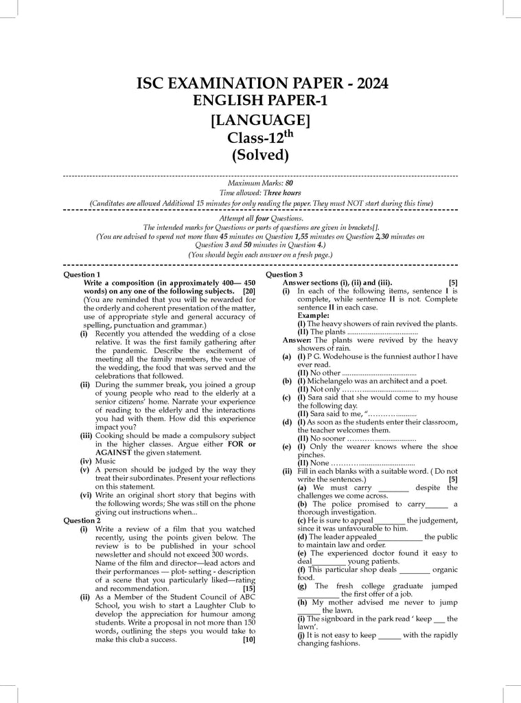 ISC | 10 Sample Question Papers | Class 12 | English-1 (For 2025 Exam) Oswaal Books and Learning Private Limited