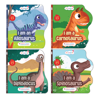 Lil Legends Dinosaur Shaped Board Books for Kids | Set of 4 Books | I am Spinosaurus, Carnotaurus, Allosaurus & Diplodocus | Durable Rhyming Books | Ages 2-5 Years | Board Book Set