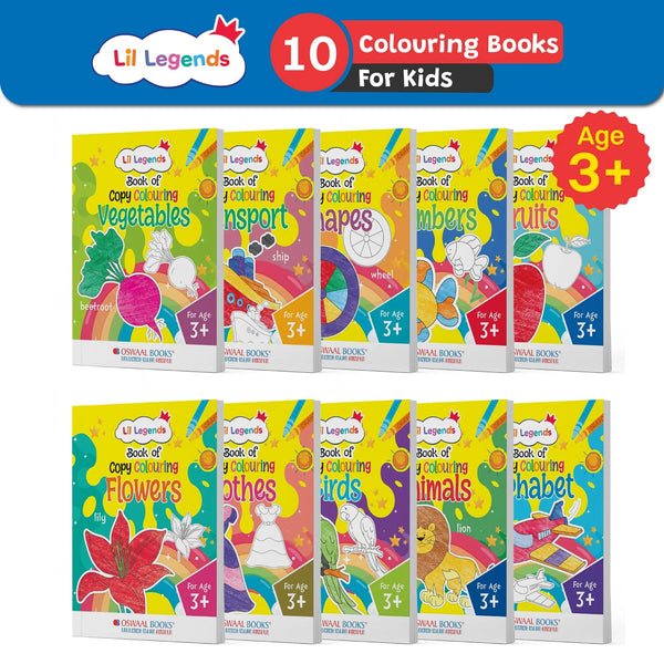 Lil Legends Books of Copy Colouring (Set of 10 Books), For Kids, To Learn About Vegetables, Transport, Shapes, Numbers, Fruits, Flowers, Clothes, Birds, Animals & Alphabets;  Age 3+