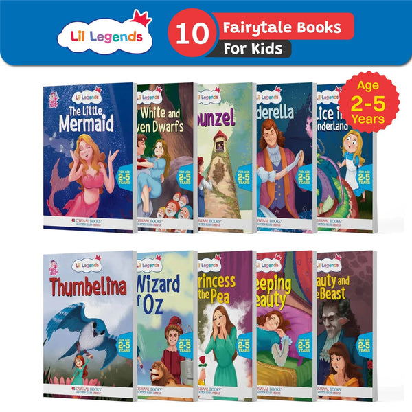 Lil Legends Fairy Tales- Little Mermaid, Snow White, Rapunzel, Cinderella, Alice in Wonderland, Thumbelina, Wizard of Oz, The Princess & the Pea, Sleeping Beauty, Beauty & the Beast (Set of 10 Books) For Kids/ Bed Time Story Books, Age 2-5 Years