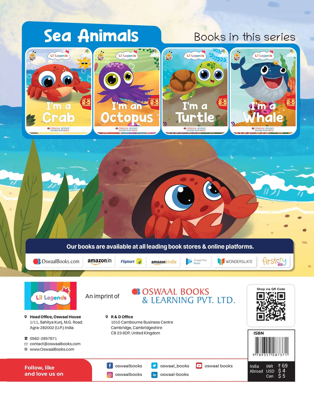 Lil Legends Know me Series, I am a Crab/Fascinating Animal Book- Sea Animal, Exciting Illustrated Book for kids, Age 2+ - Oswaal Books