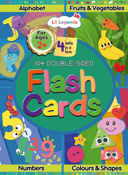 Lil Legends Flashcards for Toddlers, A set of four types of Flash Cards - Alphabets, Numbers, Shapes & Colours and Fruits & Vegetables, 2+ age group
