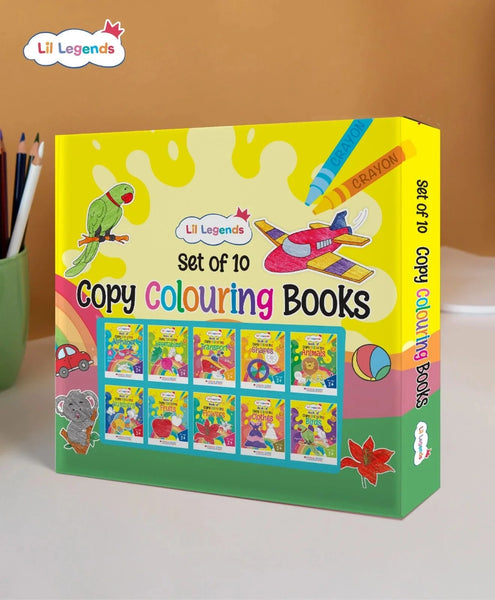 Lil Legends Gift Set: Boxset of 10 Copy Colouring Books for Kids | Learn About Vegetables, Transport, Shapes, Numbers 1-10, Fruits, Flowers, Clothes, Birds, Animals, English Alphabet