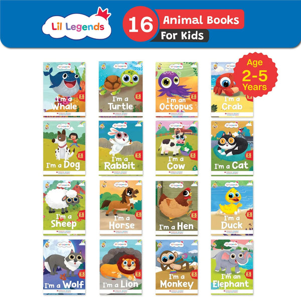 Lil Legends Know me Series, Fascinating Sea, Pet, Wild and Farm Animal Books (CRAB, OCTOPUS, TURTLE, WHALE, CAT, COW, DOG, RABBIT, ELEPHANT, LION, MONKEY, WOLF, DUCK, HEN, HORSE and SHEEP) (Set of 16 Books) Exciting Illustrated Books for kids, Age 2+