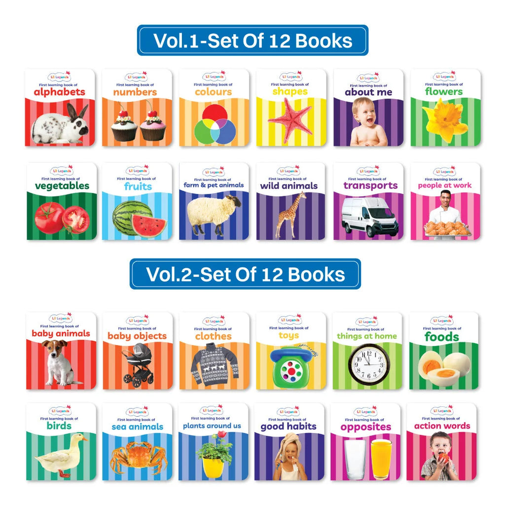 Lil Legends Mini Library - Box Set | Volume 1 & 2 - 24 Books - Alphabet | Numbers | Colours | Shapes | About Me | Flowers | Vegetables | Fruits | Farm & Pet Animals | Wild Animals | Transports |  and more. Oswaal Books and Learning Private Limited