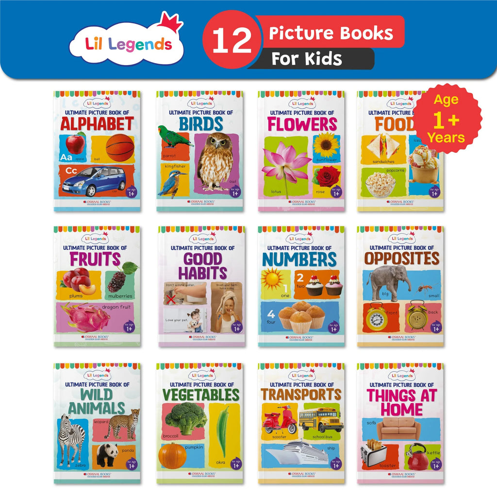 Lil Legends Set of 12 Picture Books Collection of Early Learning for 1+ Year Old Kids, To learn about Alphabet, Birds, Flowers, Foods, Fruits, Good Habits, Numbers, Opposites, Things at Home, Transports, Vegetables and Wild Animals Oswaal Books and Learning Private Limited