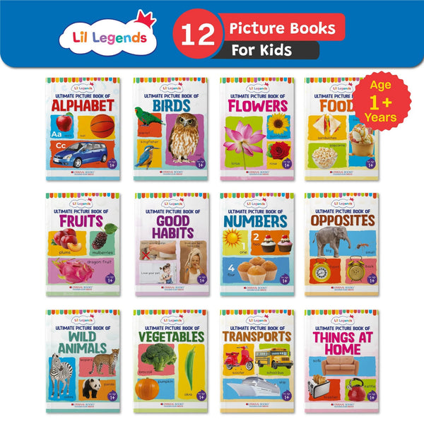 Lil Legends Early Learning Set of Picture Books, A Collection Of 12 Picture Books, For Kids  To Learn About Alphabet, Birds, Flowers, Foods, Fruits, Good Habits, Numbers, Opposites, Things At Home, Transports, Vegetables And Wild Animals; Age 1+ Year
