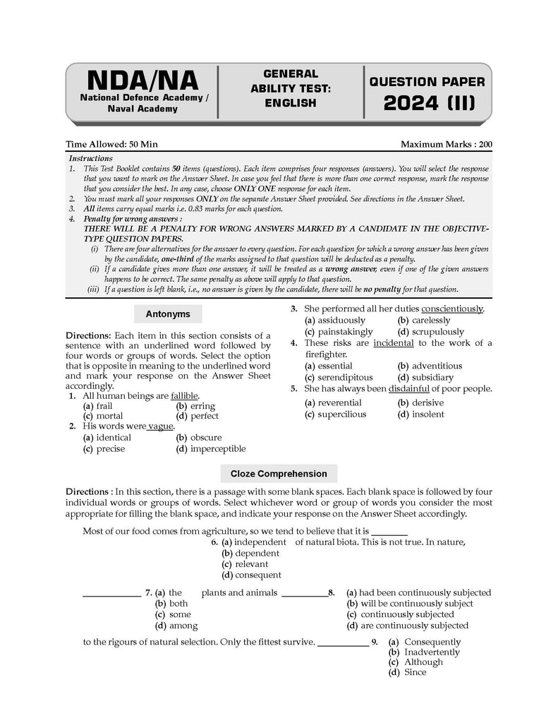 NDA-NA (NATIONAL DEFENCE ACADEMY/NAVAL ACADEMY) 11 Years' Chapter-wise & Topic-wise Solved Papers 2014-2024 (II) | General Ability Test: English | For 2025 Exam Oswaal Books and Learning Private Limited