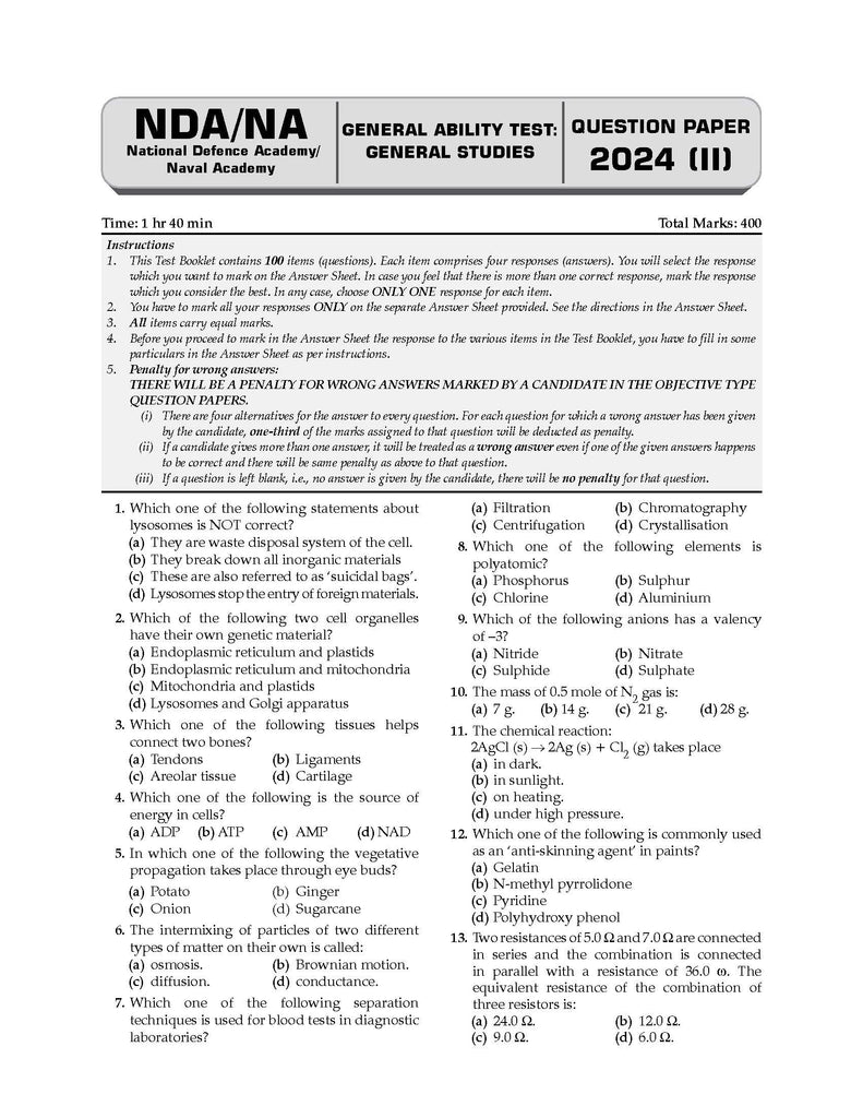 NDA-NA (NATIONAL DEFENCE ACADEMY/NAVAL ACADEMY) 11 Years' Chapter-wise & Topic-wise Solved Papers 2014-2024 (II) | General Ability Test: General Studies | For 2025 Exam Oswaal Books and Learning Private Limited