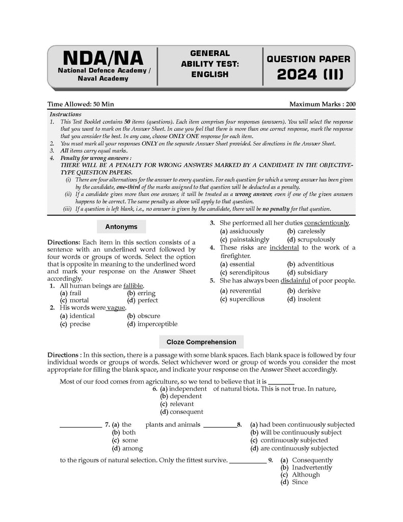 NDA-NA (NATIONAL DEFENCE ACADEMY/NAVAL ACADEMY) 15 Previous Solved Papers| Year-wise 2017-2024 (II) | General Ability Test: English | For 2024-25 Exam Oswaal Books and Learning Private Limited