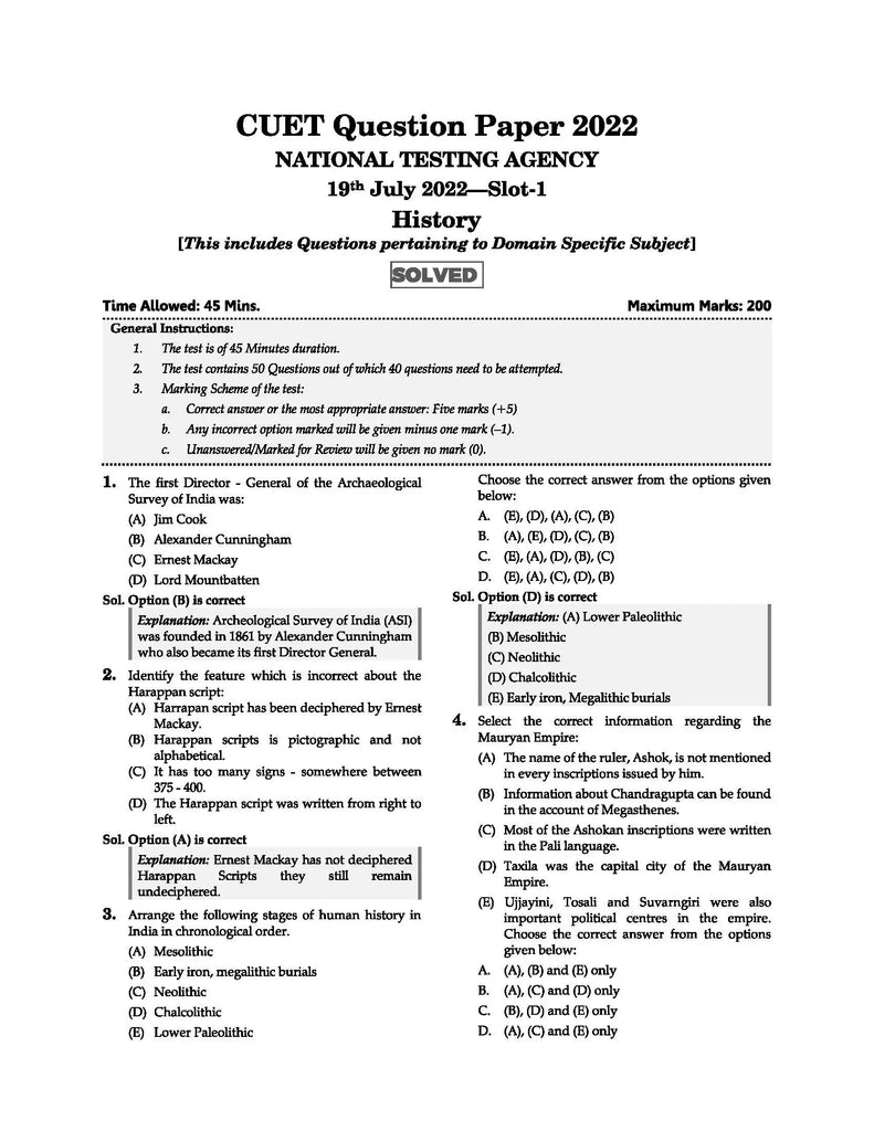 NTA CUET (UG) 10 Mock Test Sample Question Papers History | For 2024 Exams