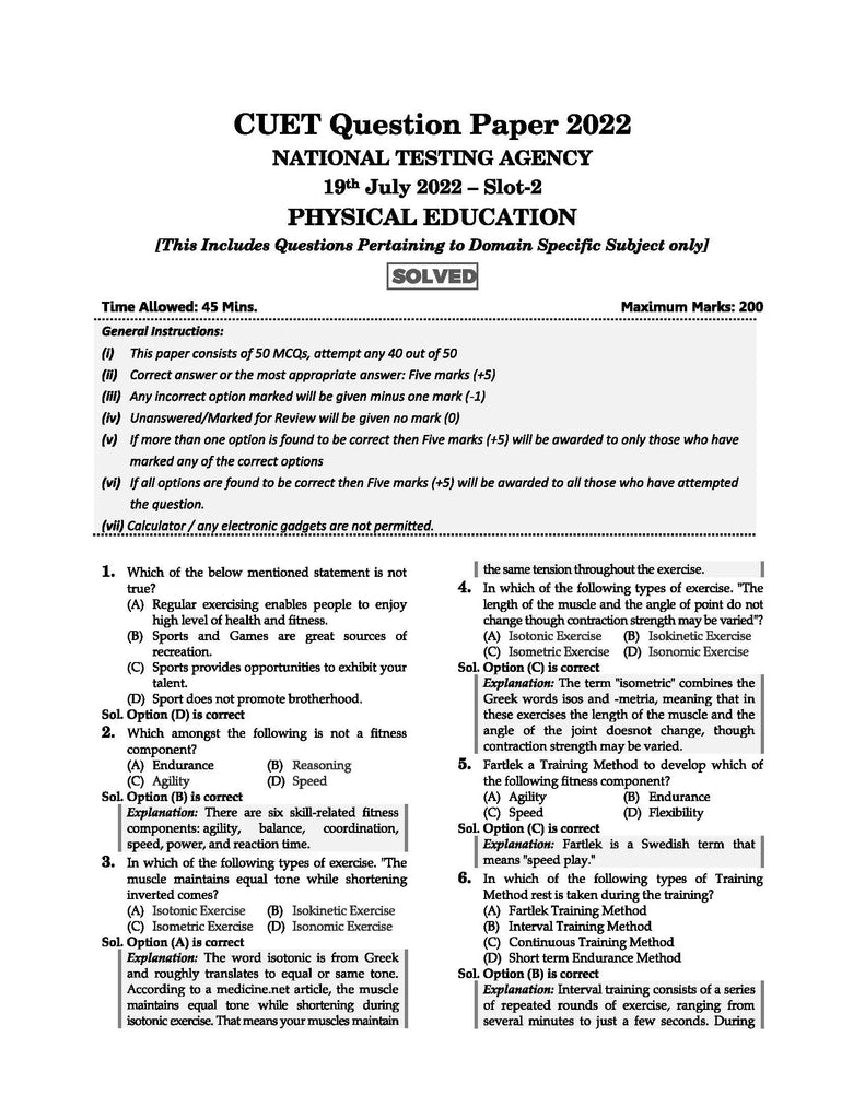 NTA CUET (UG) 5 Mock Test Sample Question Papers Physical Education | For 2024 Exams