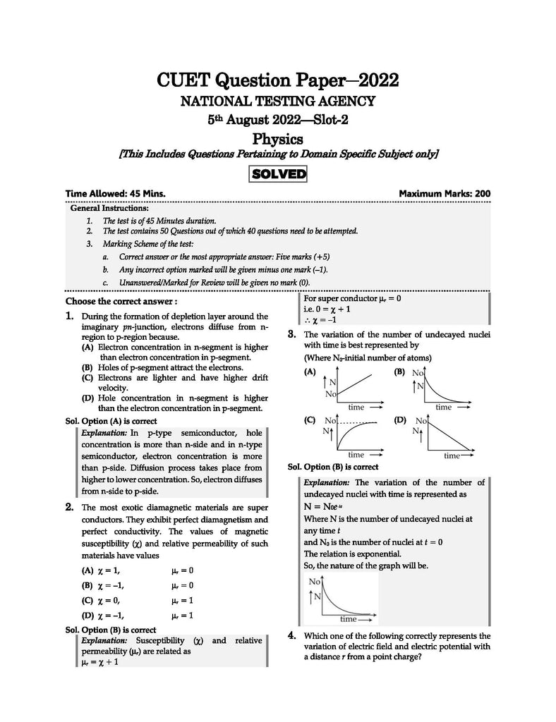 NTA CUET (UG) 10 Mock Test Sample Question Papers Physics | For 2024 Exams