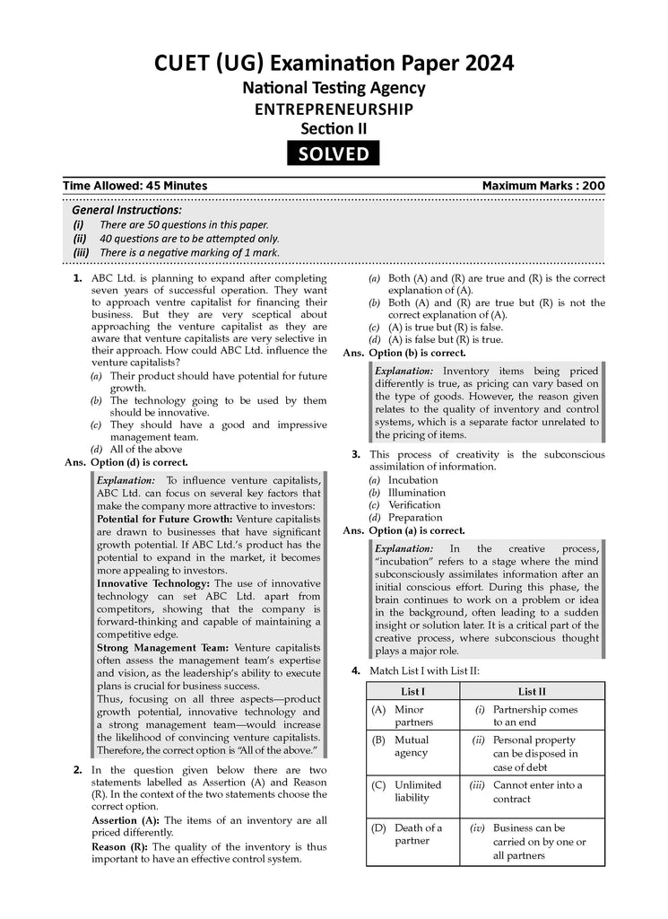 NTA CUET (UG) 5 Mock Test Papers Entrepreneurship (For 2025 Exam) Oswaal Books and Learning Private Limited