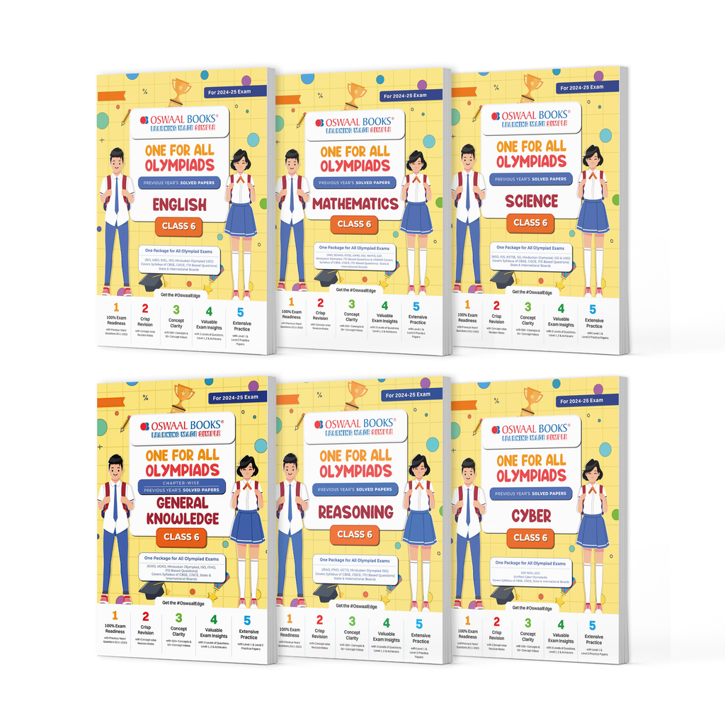 One For All Olympiad Previous Years' Solved Papers Class 6 (Set of 6 Books) Maths, English, Science, Reasoning, Cyber & General Knowledge (For 2024-25 Exam)