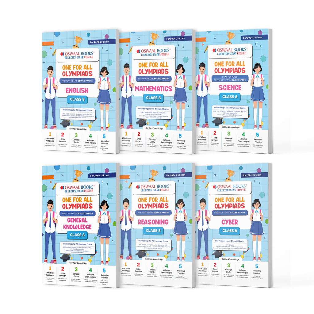 One For All Olympiad Previous Years' Solved Papers Class 8 (Set of 6 Books) Maths, English, Science, Reasoning, Cyber & General Knowledge (For 2024-25 Exam)