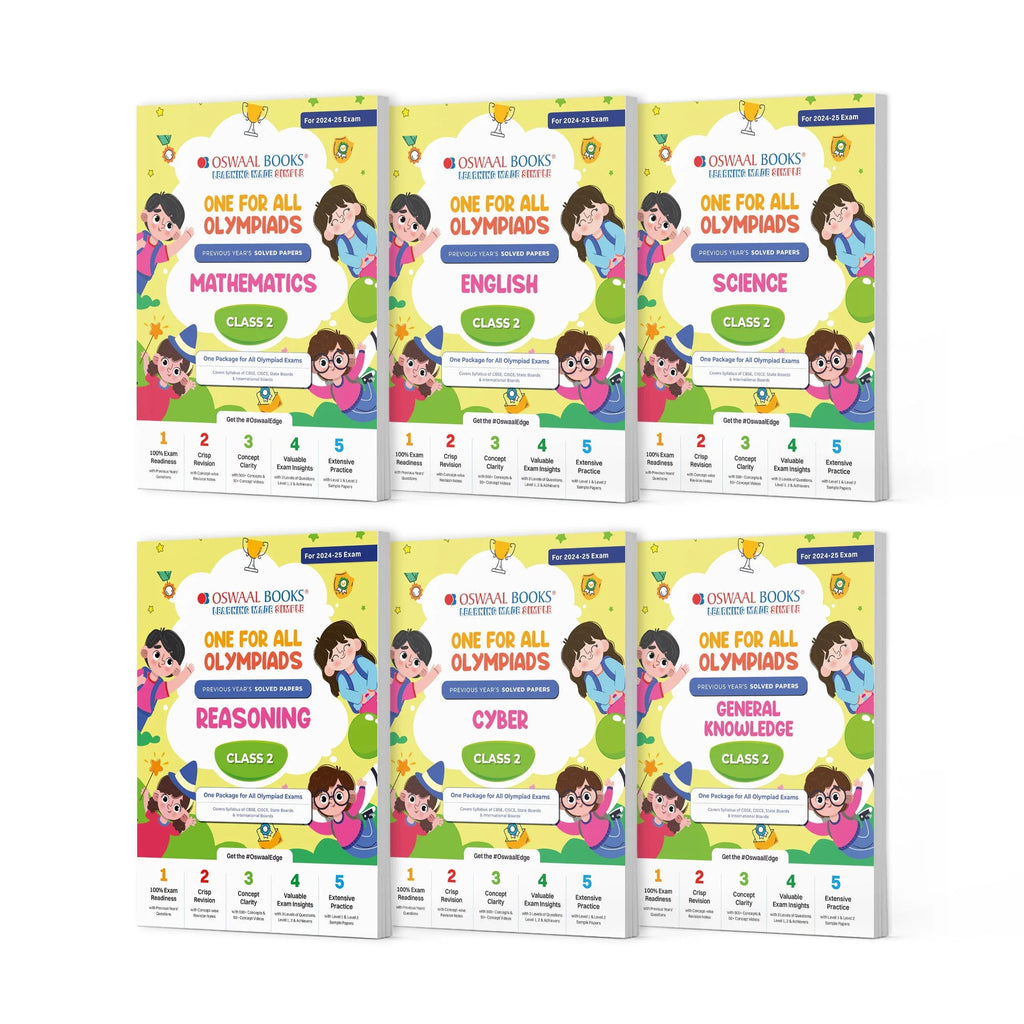 One For All Olympiad Previous Years' Solved Papers Class 2 (Set of 6 Books) Maths, English, Science, Reasoning, Cyber & General Knowledge (For 2024-25 Exam) Oswaal Books and Learning Private Limited