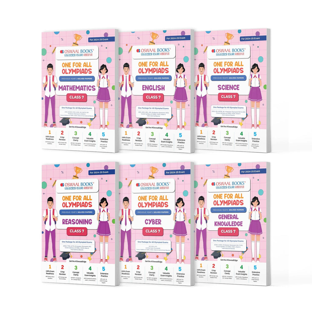 One For All Olympiad Previous Years' Solved Papers Class 7 (Set of 6 Books) Maths, English, Science, Reasoning, Cyber & General Knowledge (For 2024-25 Exam) Oswaal Books and Learning Private Limited
