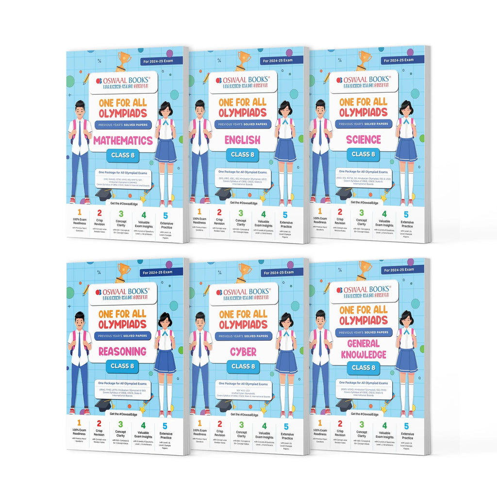 One For All Olympiad Previous Years' Solved Papers Class 8 (Set of 6 Books) Maths, English, Science, Reasoning, Cyber & General Knowledge (For 2024-25 Exam) Oswaal Books and Learning Private Limited