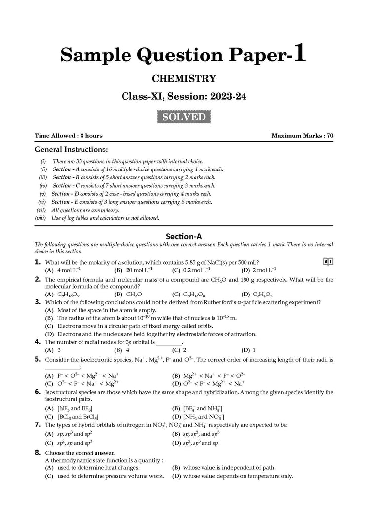 Oswaal CBSE Sample Question Papers Class 11 Chemistry Book (For 2024 Exams ) | 2023-24