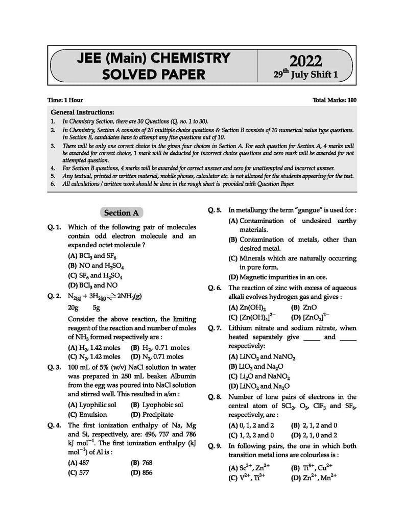 Oswaal JEE (Main) 22 Yearwise Solved Papers 2022 (All Shifts) Chemistry Book (For 2023 Exam)