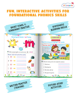 Lil Legends Incredible Phonics Level 2 Main Book for Kids Age 4-6 Years | CVC Words, Short Vowels, 2 & 3 Letter Blending | Phonics Workbook for UKG Early Reading Foundation