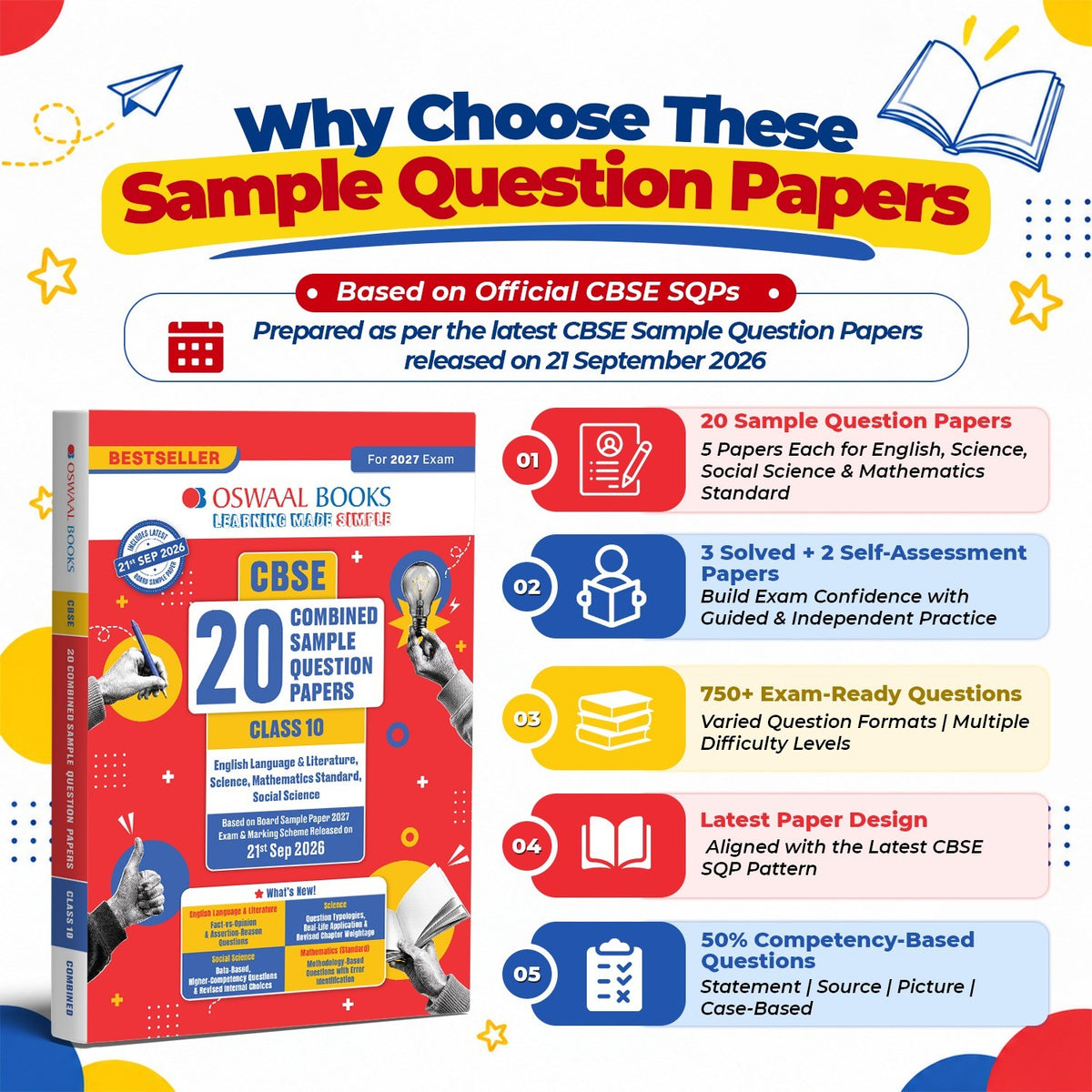 CBSE 20 Combined Sample Question Papers Class 10 Board Exams 2027 | English, Science, Social Science, Maths Standard + Exam Practice Answer Booklet Pack of 5
