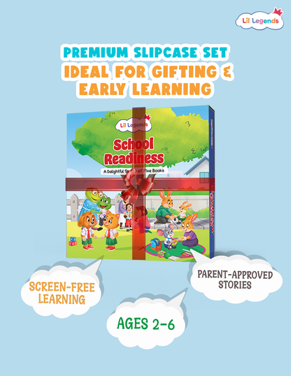 Lil Legends School Readiness Picture Book Set for Kids | Slipcase with 5 Board Books | School Bus Ride, Meeting Teachers, Making Friends, Classroom Habits and Healthy Eating | Age 2-6